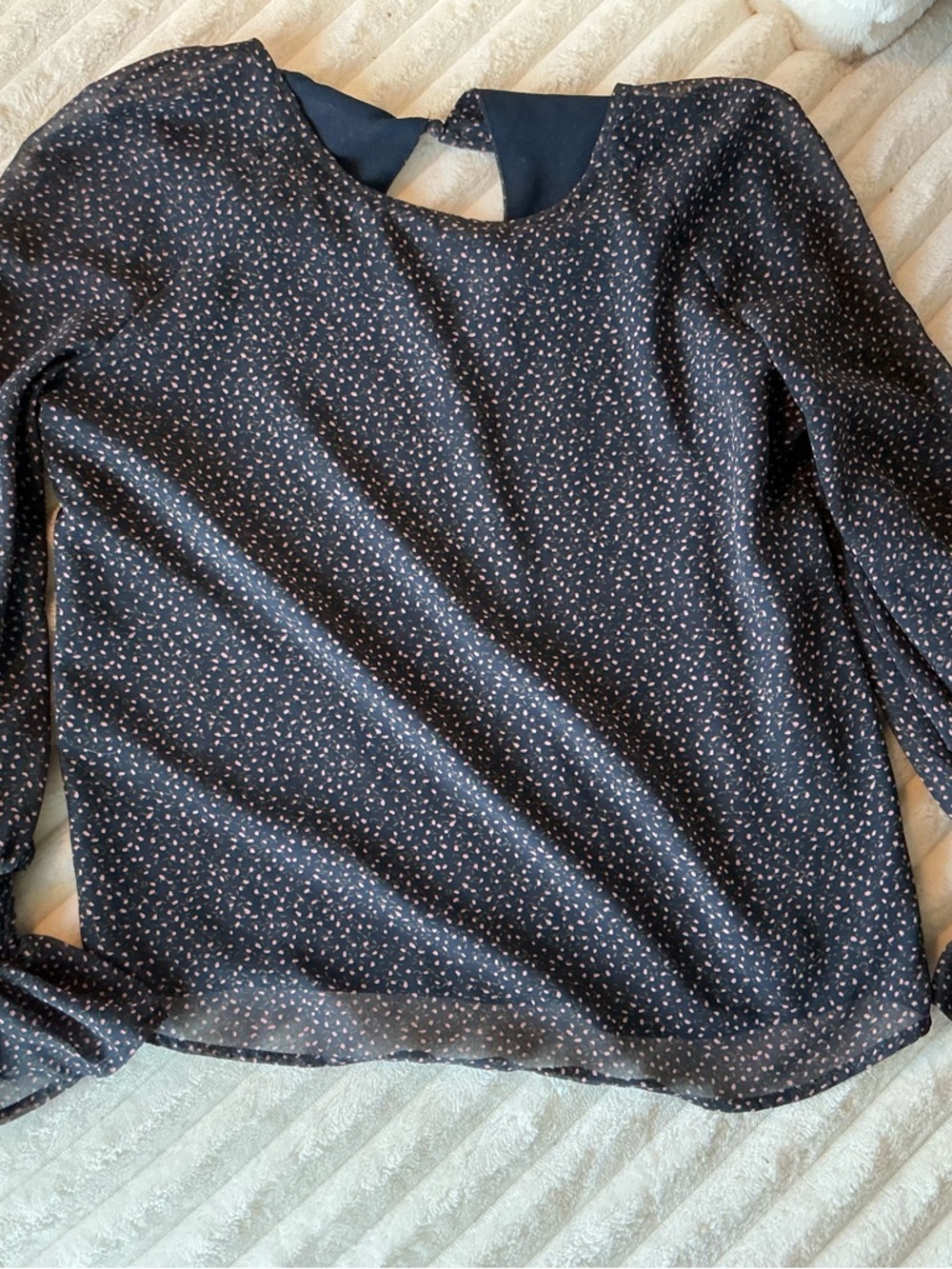 Floral Blouse Navy Pink Long Sleeve Smocked Cuff Keyhole Back Size M